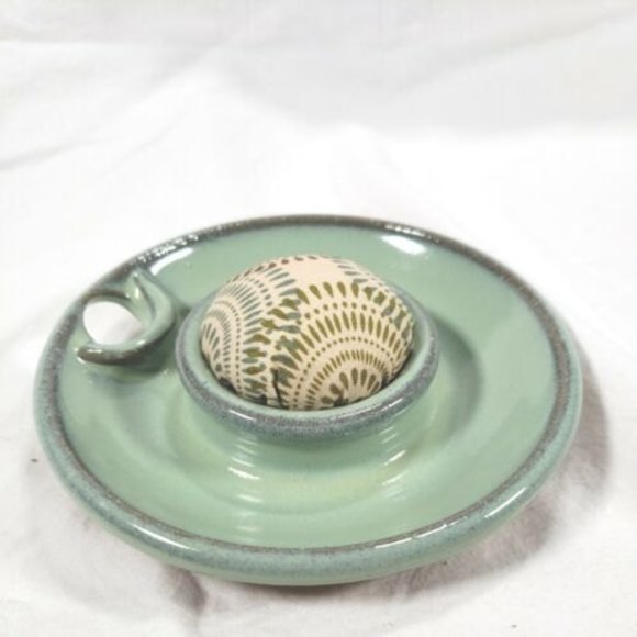 Other - Art Pottery Green Pin Cushion with Fabric 5" Unsigned